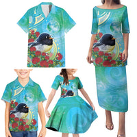 New Zealand Tomtit Family Matching Puletasi and Hawaiian Shirt Maori Koru With Pohutukawa Galaxy Style - Polynesian Pride