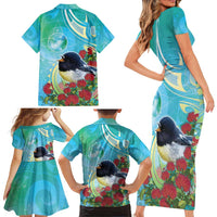 New Zealand Tomtit Family Matching Short Sleeve Bodycon Dress and Hawaiian Shirt Maori Koru With Pohutukawa Galaxy Style - Polynesian Pride