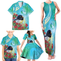 New Zealand Tomtit Family Matching Tank Maxi Dress and Hawaiian Shirt Maori Koru With Pohutukawa Galaxy Style - Polynesian Pride