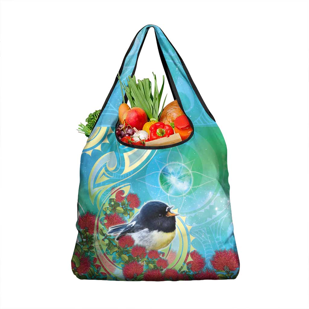 New Zealand Tomtit Grocery Bag Maori Koru With Pohutukawa Galaxy Style - Polynesian Pride