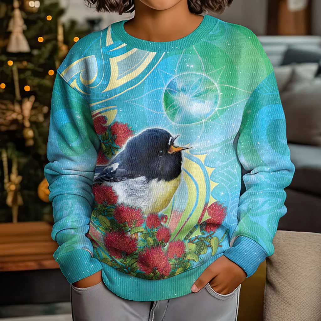 New Zealand Tomtit Kid Ugly Christmas Sweater Maori Koru With Pohutukawa Galaxy Style - Polynesian Pride