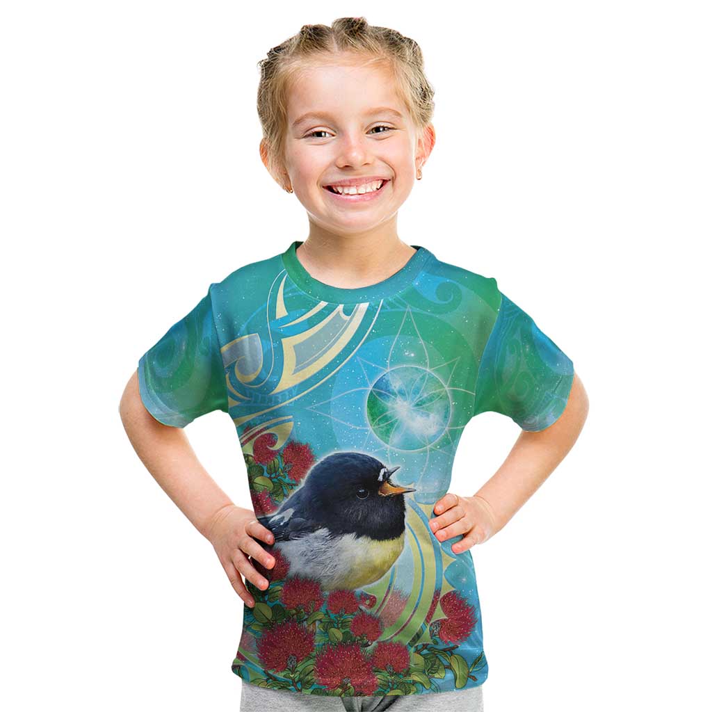 New Zealand Tomtit Kid T Shirt Maori Koru With Pohutukawa Galaxy Style - Polynesian Pride