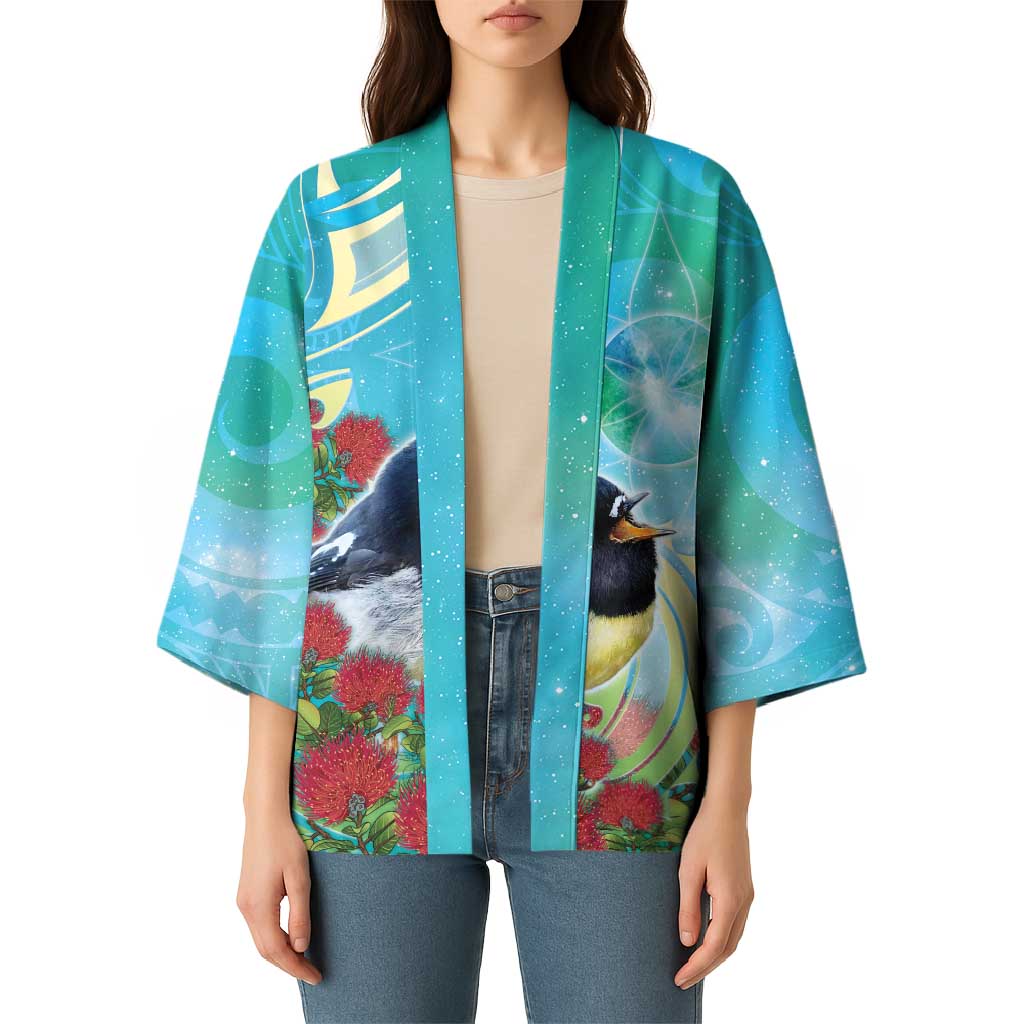New Zealand Tomtit Kimono Maori Koru With Pohutukawa Galaxy Style - Polynesian Pride