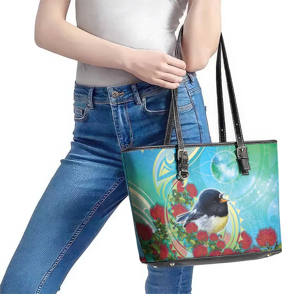 New Zealand Tomtit Leather Tote Bag Maori Koru With Pohutukawa Galaxy Style - Polynesian Pride