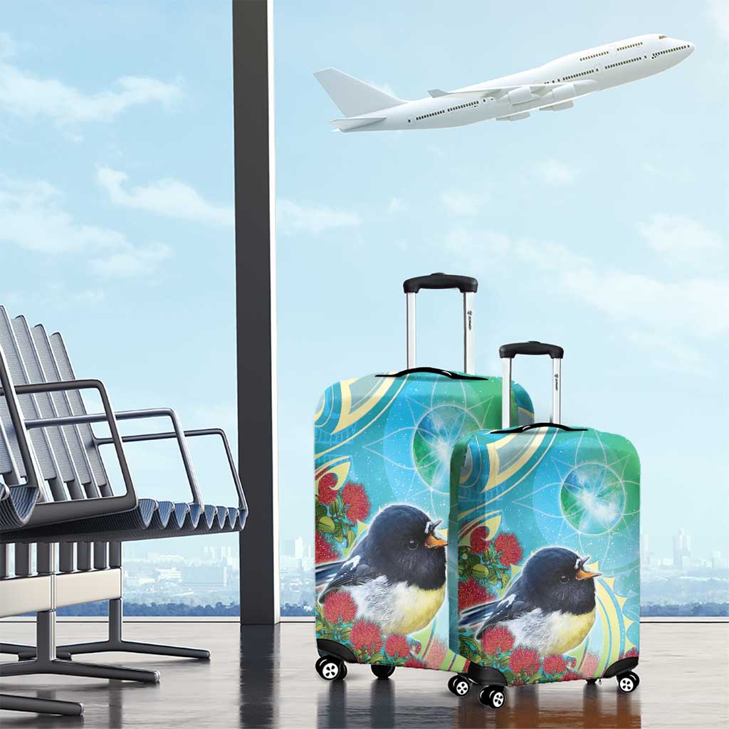 New Zealand Tomtit Luggage Cover Maori Koru With Pohutukawa Galaxy Style - Polynesian Pride