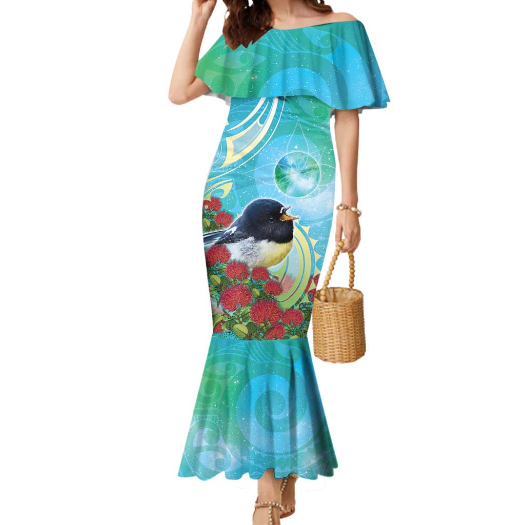 New Zealand Tomtit Mermaid Dress Maori Koru With Pohutukawa Galaxy Style - Polynesian Pride