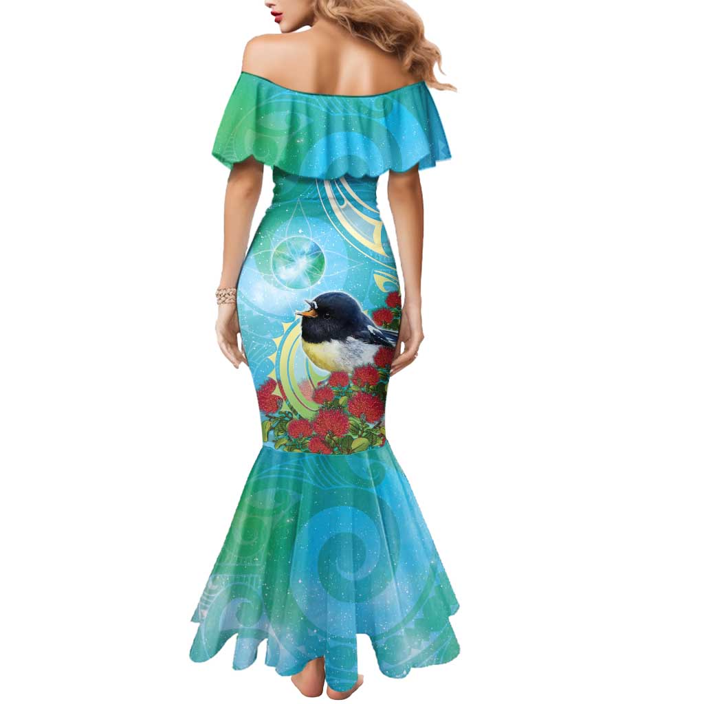 New Zealand Tomtit Mermaid Dress Maori Koru With Pohutukawa Galaxy Style - Polynesian Pride