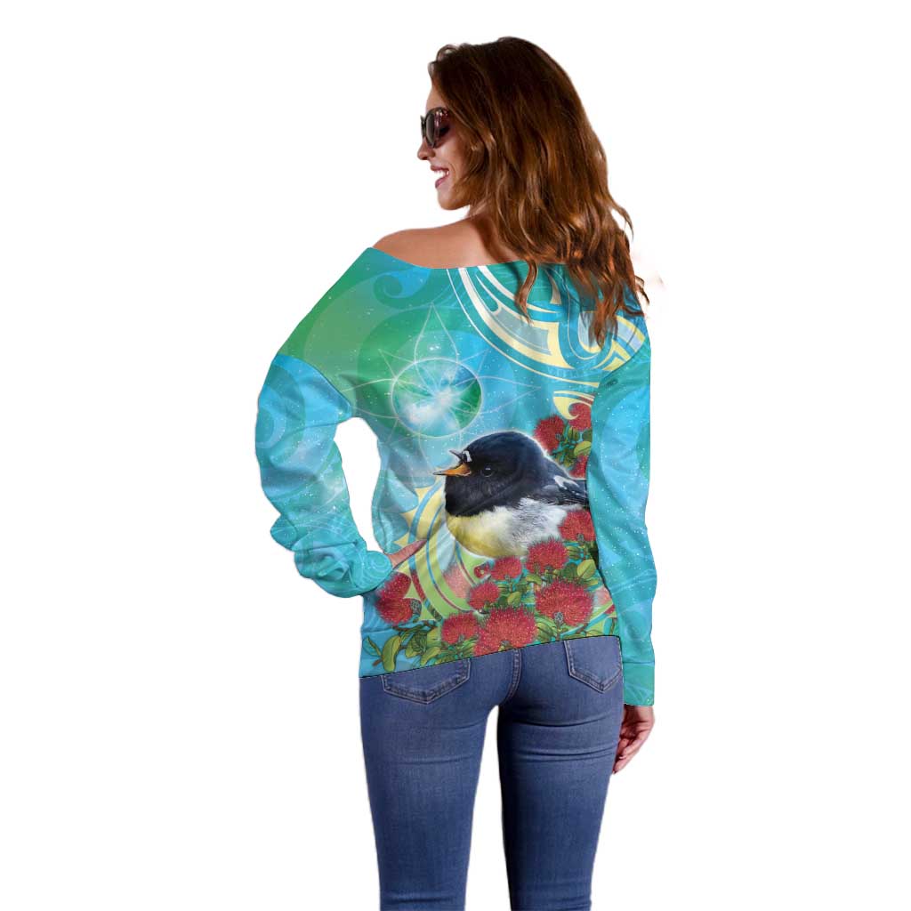 New Zealand Tomtit Off Shoulder Sweater Maori Koru With Pohutukawa Galaxy Style - Polynesian Pride