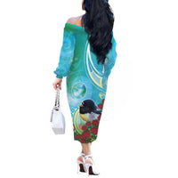 New Zealand Tomtit Off The Shoulder Long Sleeve Dress Maori Koru With Pohutukawa Galaxy Style - Polynesian Pride