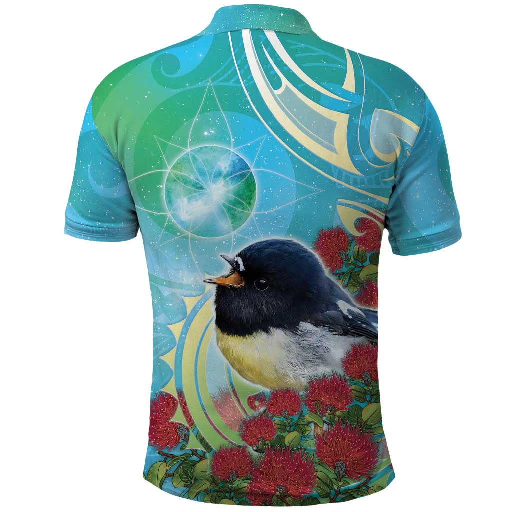 New Zealand Tomtit Polo Shirt Maori Koru With Pohutukawa Galaxy Style - Polynesian Pride