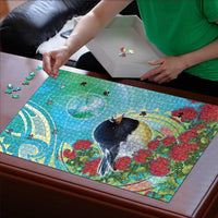 New Zealand Tomtit Puzzle Maori Koru With Pohutukawa Galaxy Style - Polynesian Pride