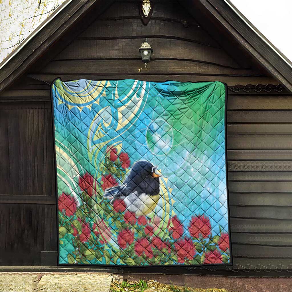 New Zealand Tomtit Quilt Maori Koru With Pohutukawa Galaxy Style - Polynesian Pride