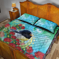 New Zealand Tomtit Quilt Bed Set Maori Koru With Pohutukawa Galaxy Style - Polynesian Pride