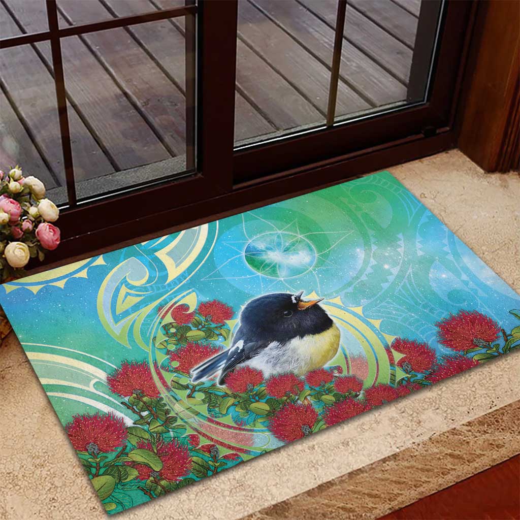 New Zealand Tomtit Rubber Doormat Maori Koru With Pohutukawa Galaxy Style - Polynesian Pride