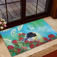 New Zealand Tomtit Rubber Doormat Maori Koru With Pohutukawa Galaxy Style - Polynesian Pride