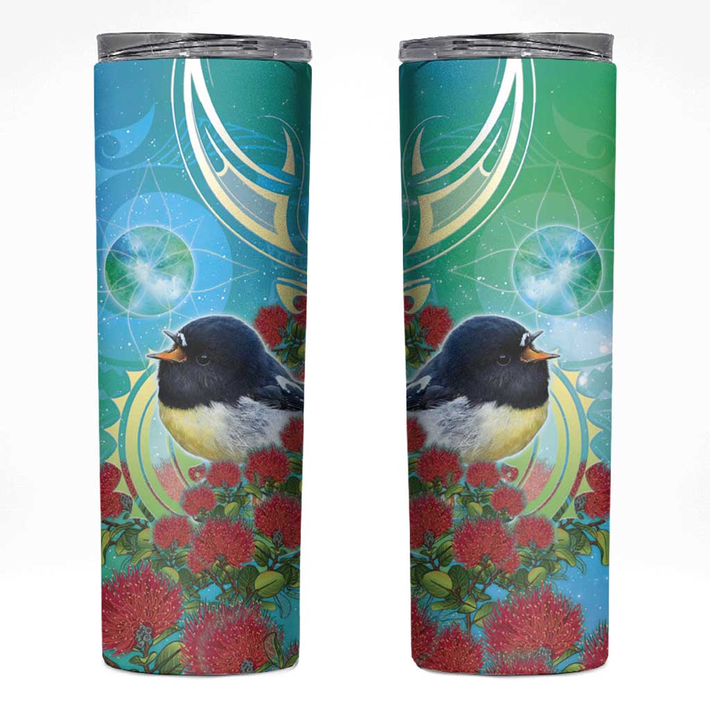 New Zealand Tomtit Skinny Tumbler Maori Koru With Pohutukawa Galaxy Style - Polynesian Pride