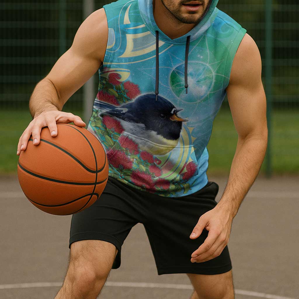 New Zealand Tomtit Sleeveless Hoodie Maori Koru With Pohutukawa Galaxy Style - Polynesian Pride