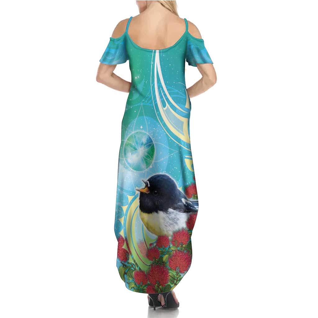 New Zealand Tomtit Summer Maxi Dress Maori Koru With Pohutukawa Galaxy Style - Polynesian Pride