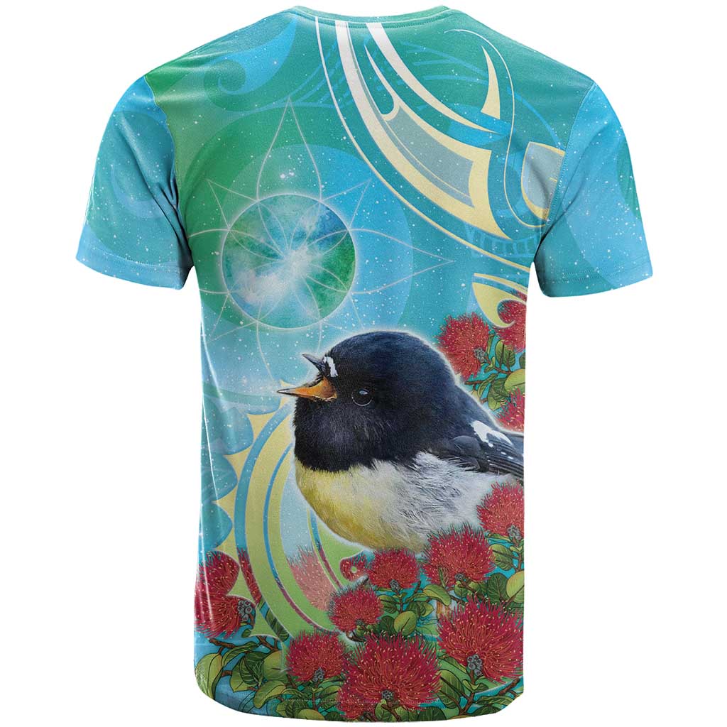 New Zealand Tomtit T Shirt Maori Koru With Pohutukawa Galaxy Style - Polynesian Pride