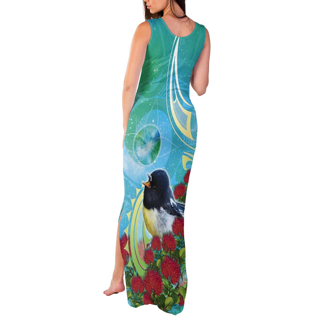 New Zealand Tomtit Tank Maxi Dress Maori Koru With Pohutukawa Galaxy Style - Polynesian Pride