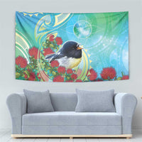 New Zealand Tomtit Tapestry Maori Koru With Pohutukawa Galaxy Style - Polynesian Pride