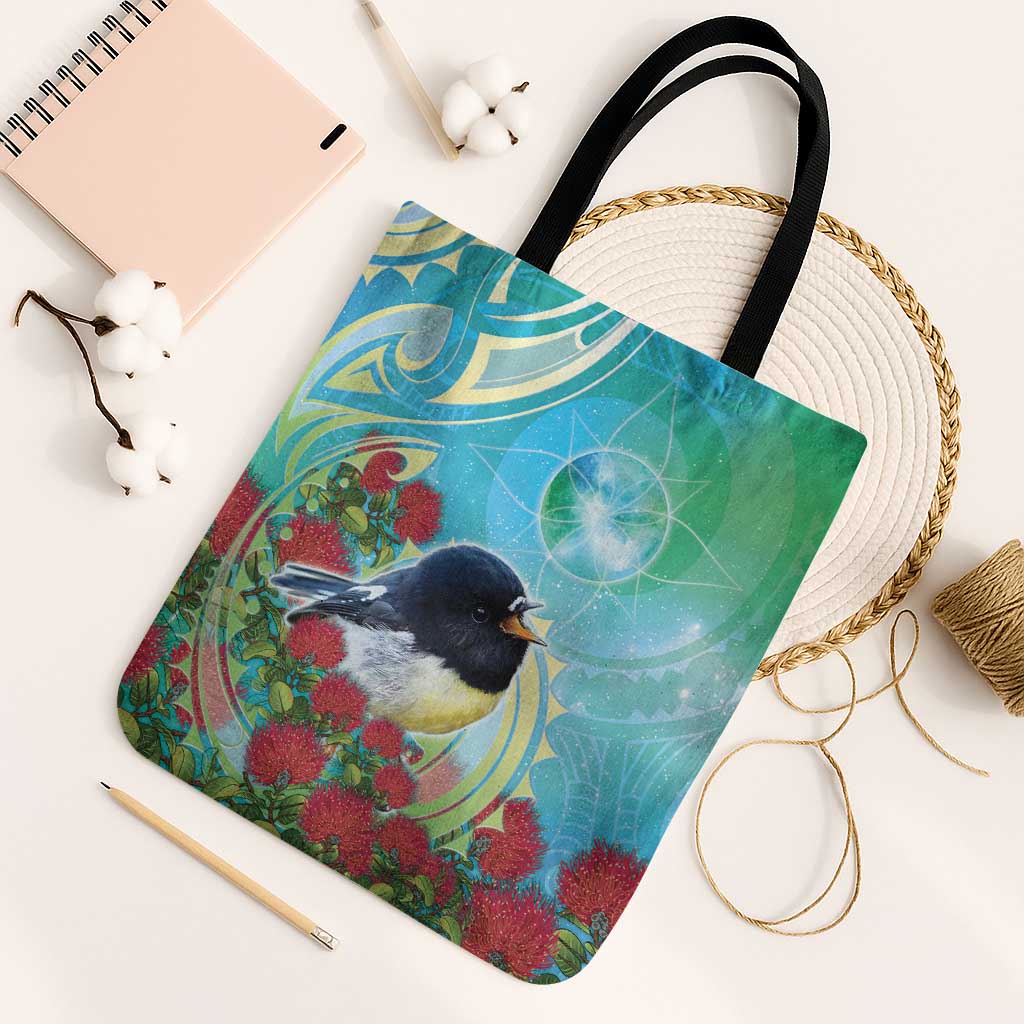 New Zealand Tomtit Tote Bag Maori Koru With Pohutukawa Galaxy Style - Polynesian Pride