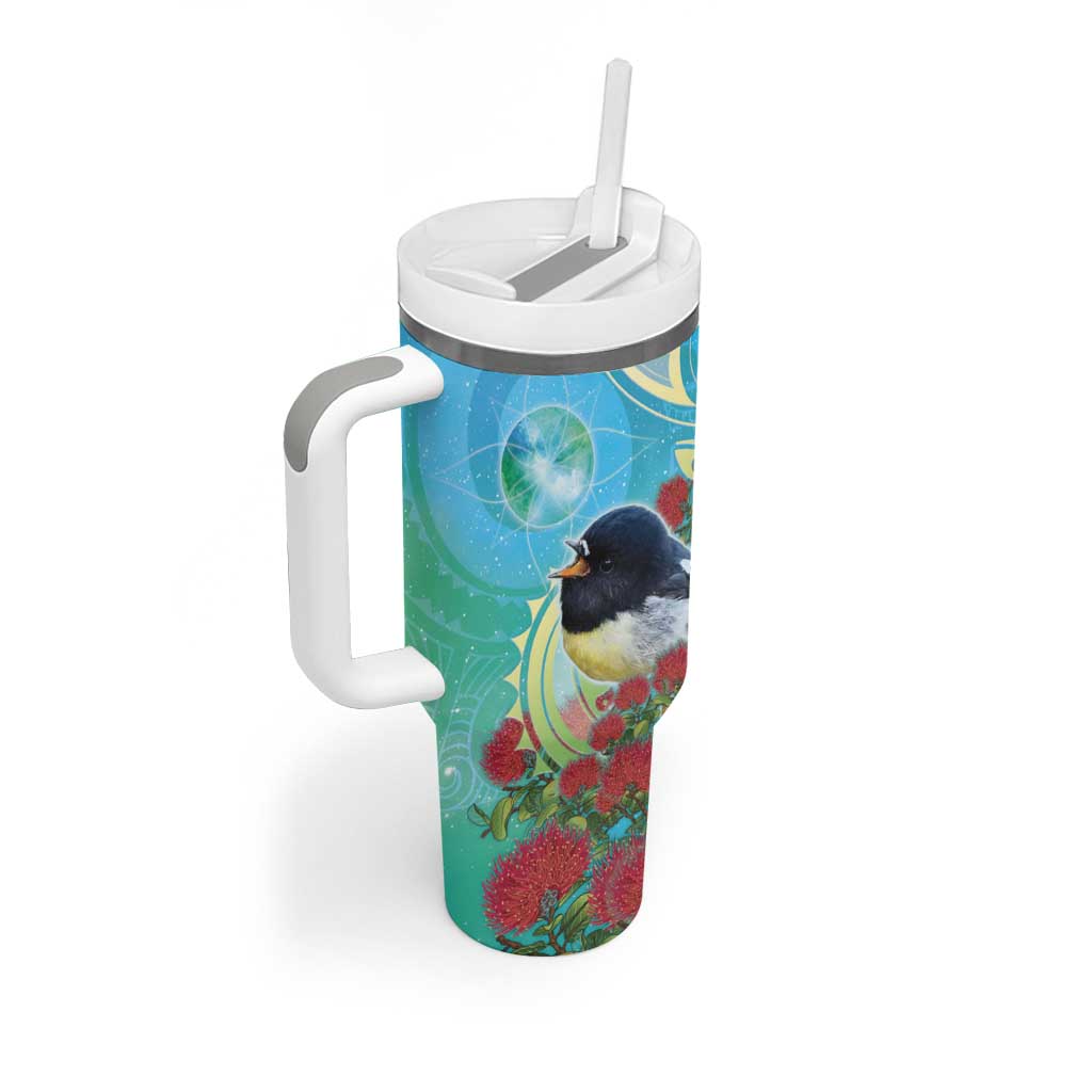 New Zealand Tomtit Tumbler With Handle Maori Koru With Pohutukawa Galaxy Style - Polynesian Pride