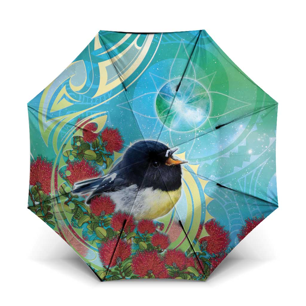 New Zealand Tomtit Umbrella Maori Koru With Pohutukawa Galaxy Style - Polynesian Pride