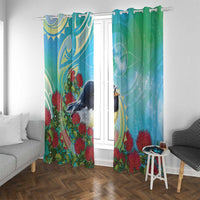 New Zealand Tomtit Window Curtain Maori Koru With Pohutukawa Galaxy Style - Polynesian Pride