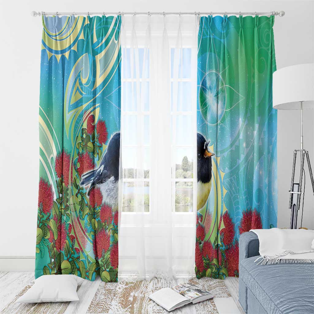 New Zealand Tomtit Window Curtain Maori Koru With Pohutukawa Galaxy Style - Polynesian Pride