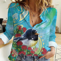 New Zealand Tomtit Women Casual Shirt Maori Koru With Pohutukawa Galaxy Style - Polynesian Pride