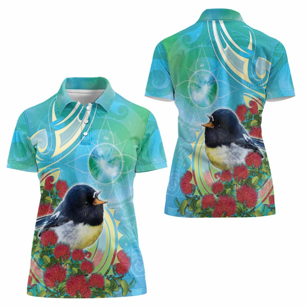 New Zealand Tomtit Women Polo Shirt Maori Koru With Pohutukawa Galaxy Style - Polynesian Pride