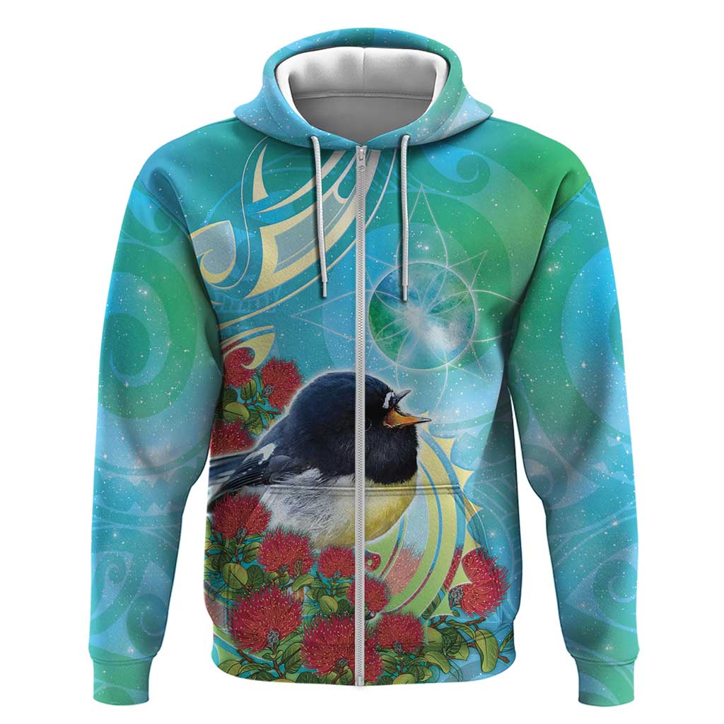 New Zealand Tomtit Zip Hoodie Maori Koru With Pohutukawa Galaxy Style - Polynesian Pride