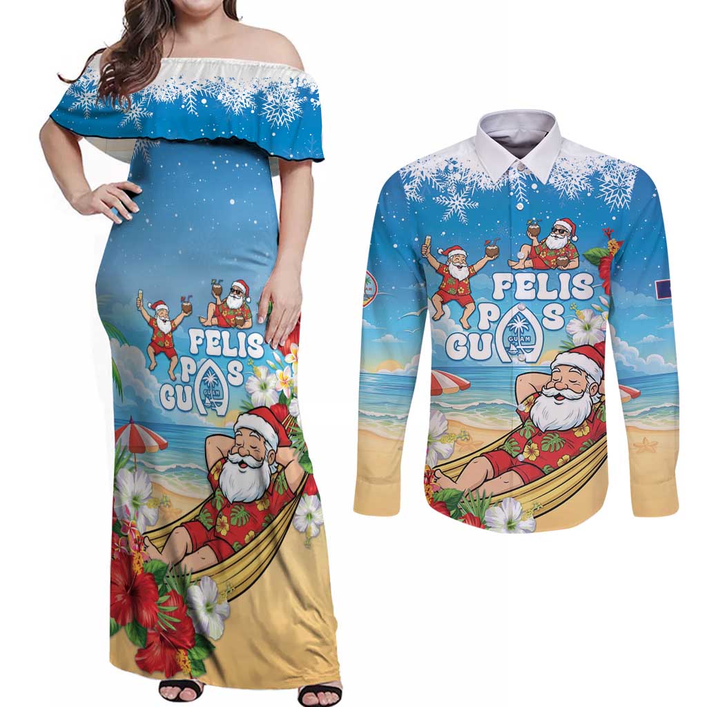 Guam Christmas Couples Matching Off Shoulder Maxi Dress and Long Sleeve Button Shirt Felis Pasgua Chilling Santa - Polynesian Pride