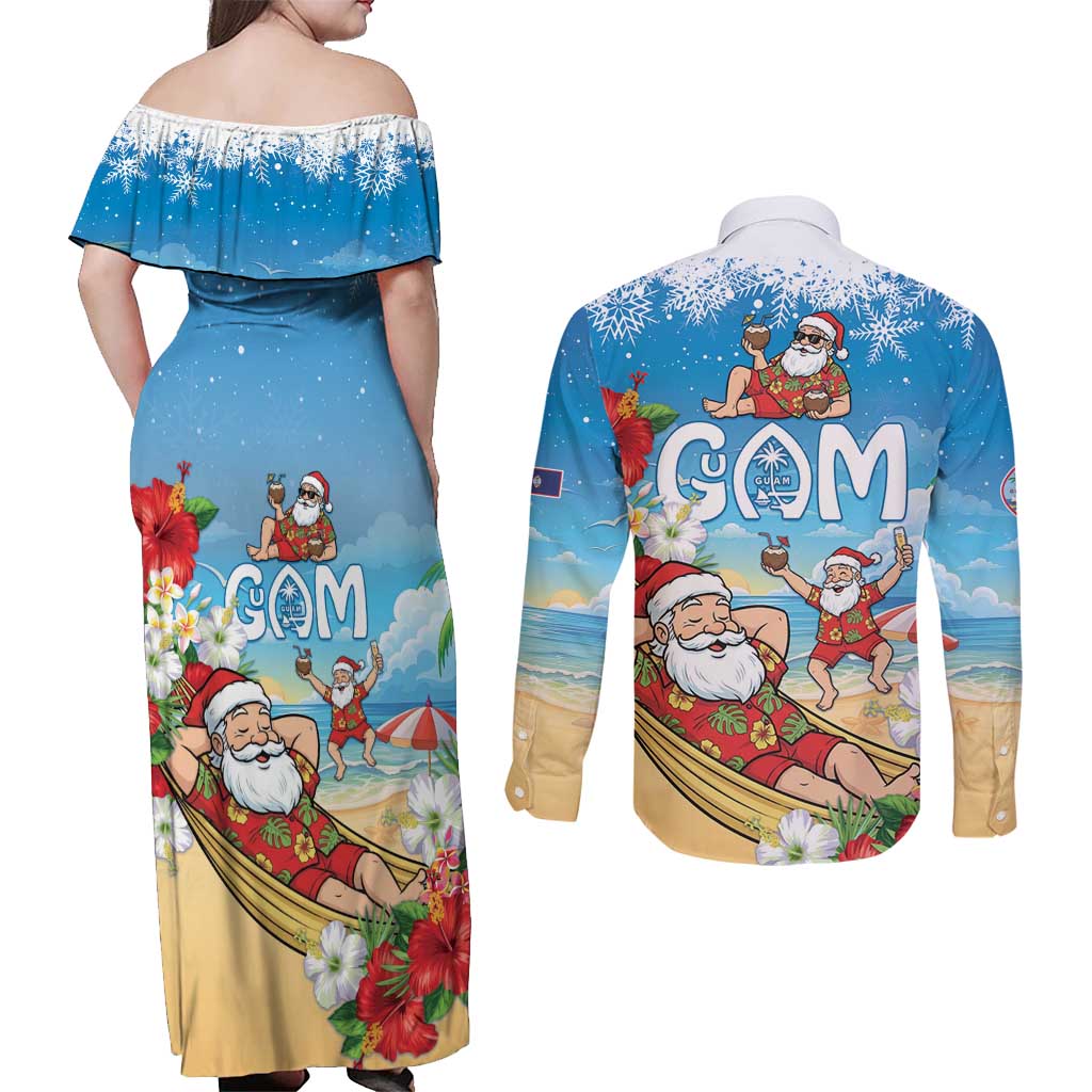 Guam Christmas Couples Matching Off Shoulder Maxi Dress and Long Sleeve Button Shirt Felis Pasgua Chilling Santa - Polynesian Pride