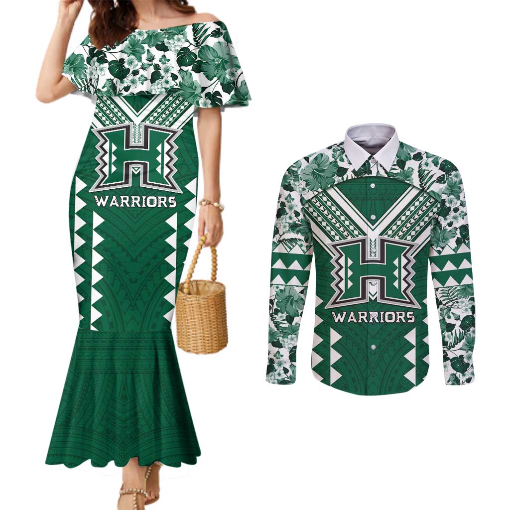 Custom Hawaii Football Couples Matching Mermaid Dress and Long Sleeve Button Shirt Rainbow Warriors Tropical Vibes - Polynesian Pride