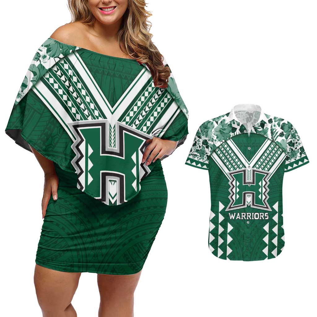 Custom Hawaii Football Couples Matching Off Shoulder Short Dress and Hawaiian Shirt Rainbow Warriors Tropical Vibes - Polynesian Pride