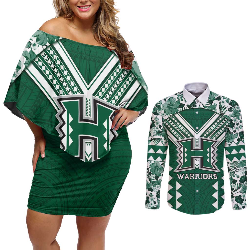 Custom Hawaii Football Couples Matching Off Shoulder Short Dress and Long Sleeve Button Shirt Rainbow Warriors Tropical Vibes - Polynesian Pride