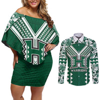 Custom Hawaii Football Couples Matching Off Shoulder Short Dress and Long Sleeve Button Shirt Rainbow Warriors Tropical Vibes - Polynesian Pride