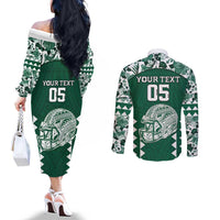 Custom Hawaii Football Couples Matching Off The Shoulder Long Sleeve Dress and Long Sleeve Button Shirt Rainbow Warriors Tropical Vibes - Polynesian Pride