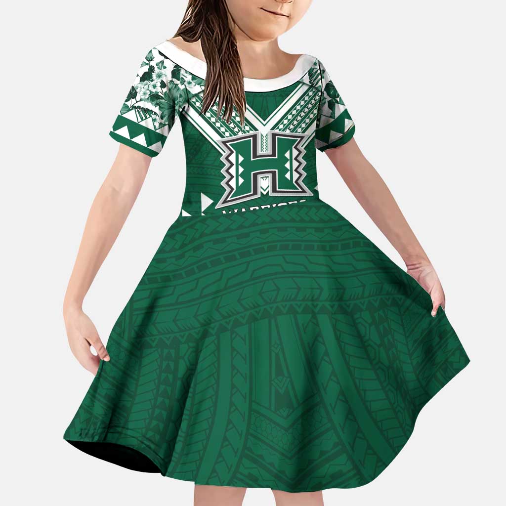 Custom Hawaii Football Family Matching Off Shoulder Maxi Dress and Hawaiian Shirt Rainbow Warriors Tropical Vibes LT05 Daughter's Dress Green - Polynesian Pride