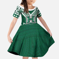 Custom Hawaii Football Family Matching Off Shoulder Maxi Dress and Hawaiian Shirt Rainbow Warriors Tropical Vibes LT05 Daughter's Dress Green - Polynesian Pride