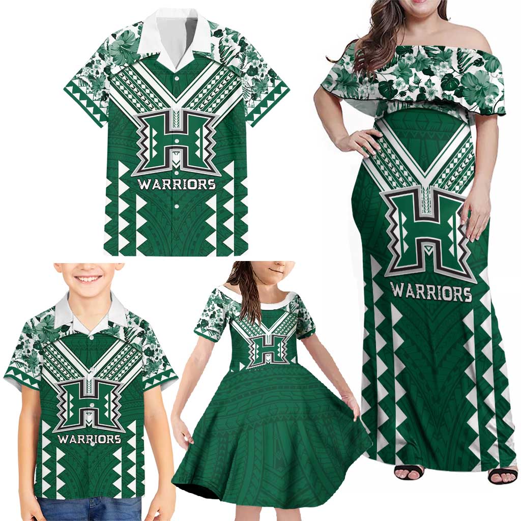 Custom Hawaii Football Family Matching Off Shoulder Maxi Dress and Hawaiian Shirt Rainbow Warriors Tropical Vibes - Polynesian Pride