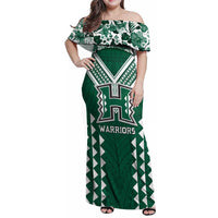 Custom Hawaii Football Family Matching Off Shoulder Maxi Dress and Hawaiian Shirt Rainbow Warriors Tropical Vibes LT05 Mom's Dress Green - Polynesian Pride