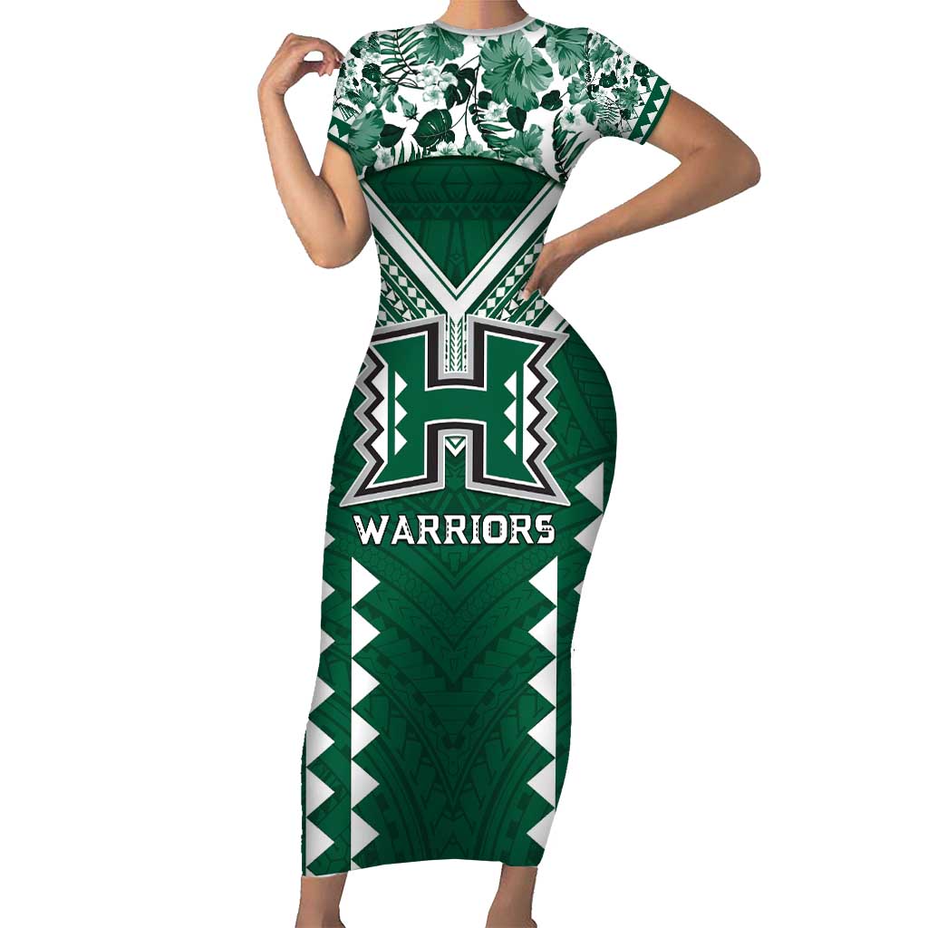 Custom Hawaii Football Short Sleeve Bodycon Dress Rainbow Warriors Tropical Vibes - Polynesian Pride