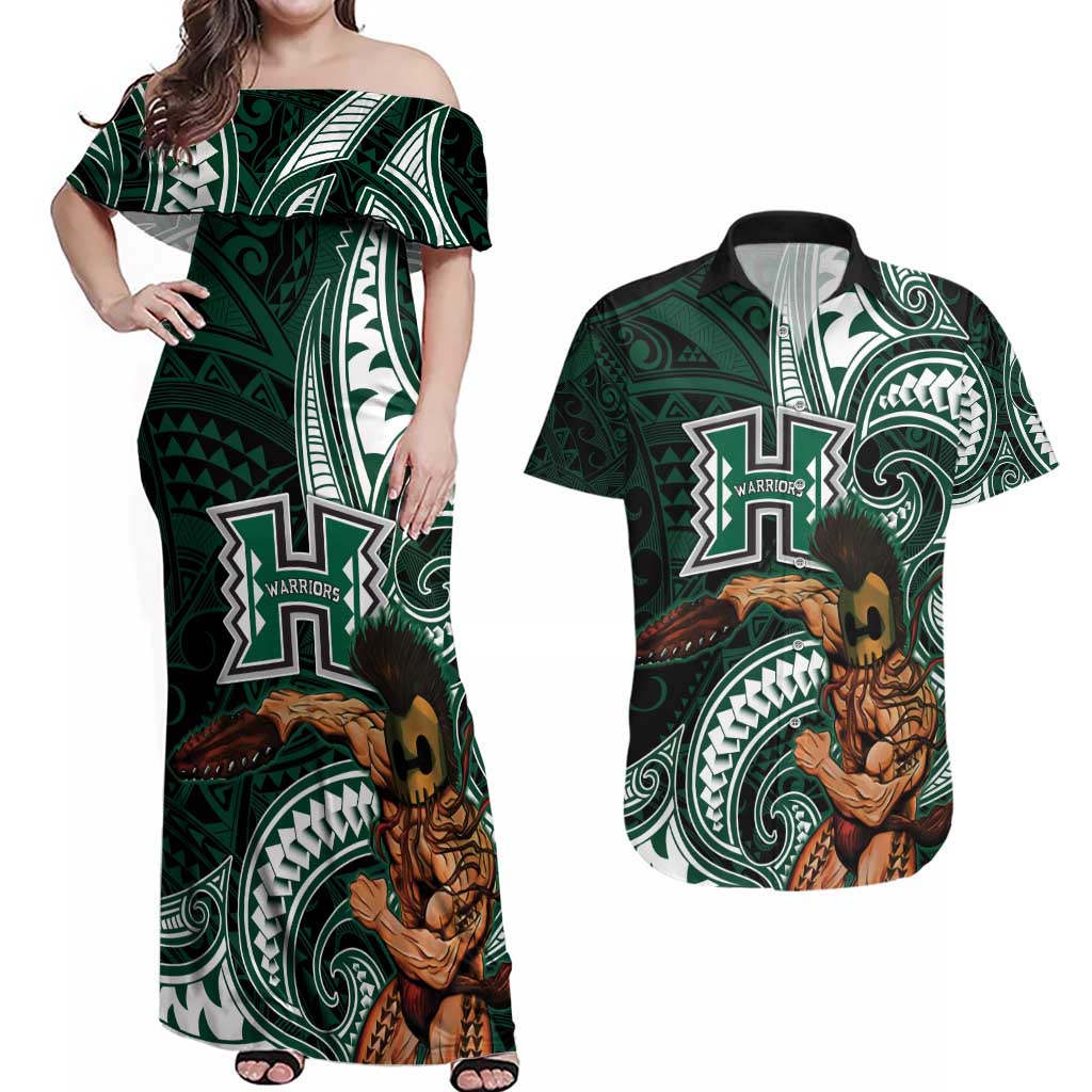 Hawaii Ikaika Warrior Football Couples Matching Off Shoulder Maxi Dress and Hawaiian Shirt Polynesian Tribal Tattoo - Polynesian Pride