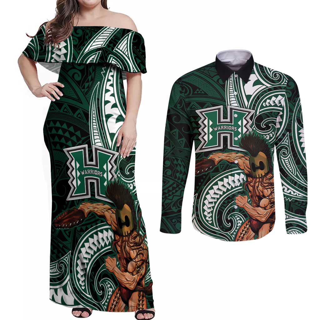 Hawaii Ikaika Warrior Football Couples Matching Off Shoulder Maxi Dress and Long Sleeve Button Shirt Polynesian Tribal Tattoo - Polynesian Pride