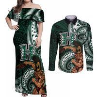 Hawaii Ikaika Warrior Football Couples Matching Off Shoulder Maxi Dress and Long Sleeve Button Shirt Polynesian Tribal Tattoo - Polynesian Pride