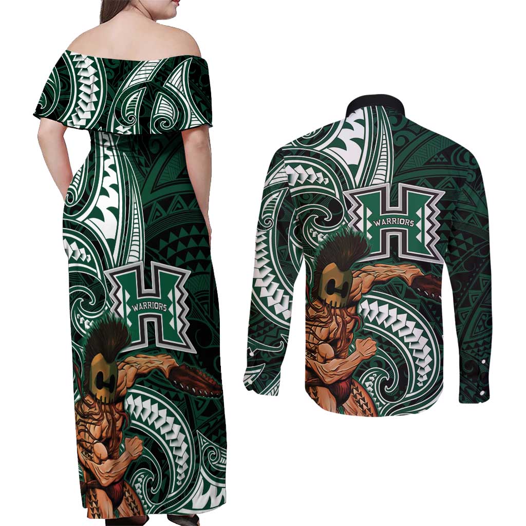 Hawaii Ikaika Warrior Football Couples Matching Off Shoulder Maxi Dress and Long Sleeve Button Shirt Polynesian Tribal Tattoo - Polynesian Pride