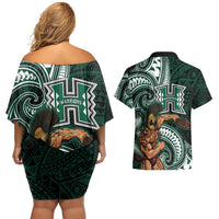 Hawaii Ikaika Warrior Football Couples Matching Off Shoulder Short Dress and Hawaiian Shirt Polynesian Tribal Tattoo - Polynesian Pride